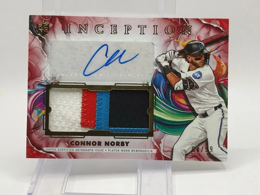 2025 Topps Inception Connor Norby Rookie Red Jersey Patch Auto 4/99 SP Marlins